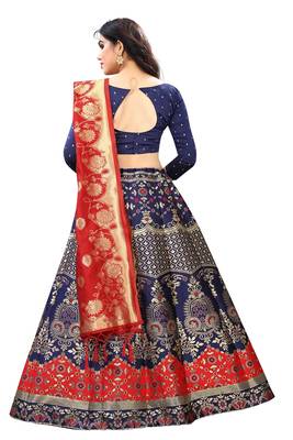 Red Jacquard semi stitched Lehenga Choli For Women. 2