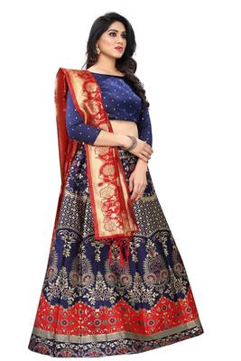 Red Jacquard semi stitched Lehenga Choli For Women. 3