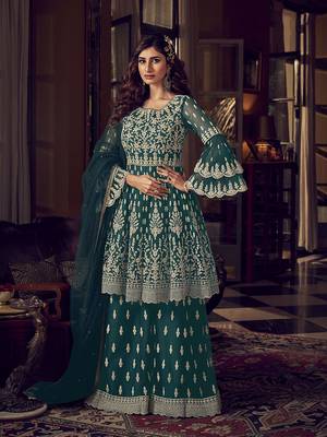 Teal-blue embroidered net salwar 1