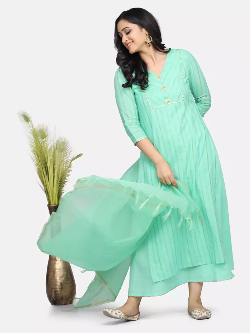 MINT GREEN EMBROIDERED KURTA WITH INNER AND OUTER AND DUPATTA