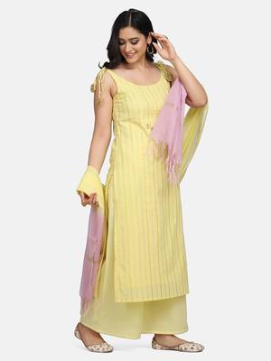Yellow Embroidered Kurta And Palazzo With Ombre Dupatta 6