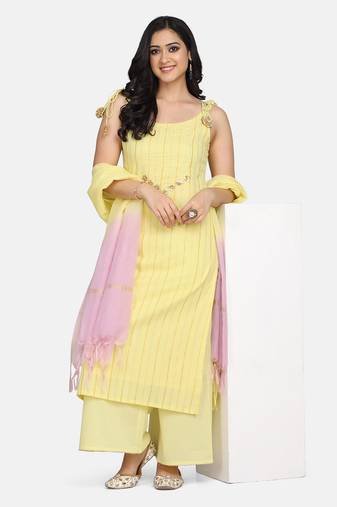 YELLOW EMBROIDERED KURTA AND PALAZZO WITH OMBRE DUPATTA