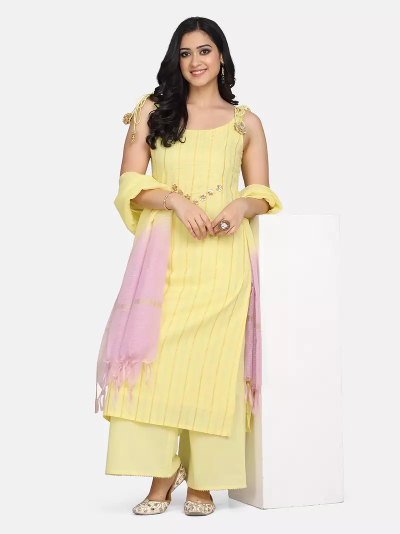 YELLOW EMBROIDERED KURTA AND PALAZZO WITH OMBRE DUPATTA