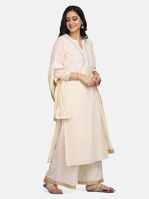 Off White Embroidered Kurta With Palazzo And Dupatta 5