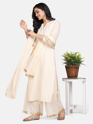 Off White Embroidered Kurta With Palazzo And Dupatta 7