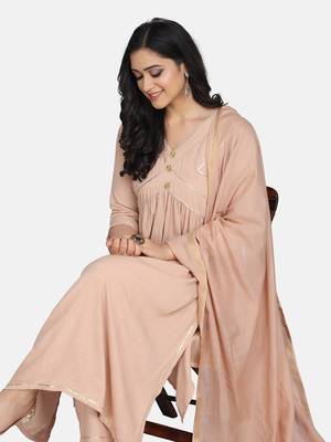 Beige Embrodiered Kurta With Pant And Dupatta 10