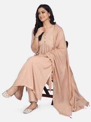 Beige Embrodiered Kurta With Pant And Dupatta 11