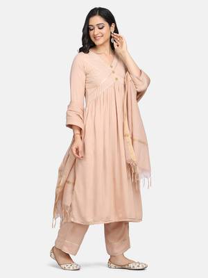 Beige Embrodiered Kurta With Pant And Dupatta 14