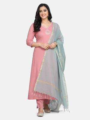 Pink Embroidered Kurta With Pant And Dupatta 6