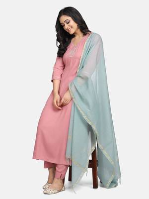 Pink Embroidered Kurta With Pant And Dupatta 9