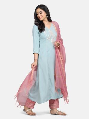 Blue Embroidered Kurta With Palazzo And Dupatta 5