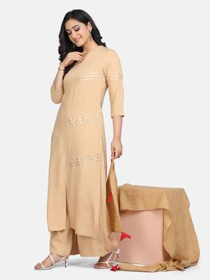 Beige  Lace Attached Kurta With Palazzo And Dupatta 8