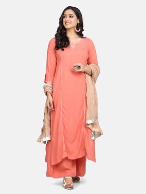 Coral  Embroidered Kurta With Palazzo And Dupatta 5