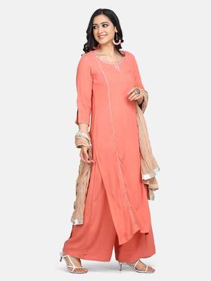 Coral  Embroidered Kurta With Palazzo And Dupatta 6
