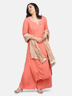 Coral  Embroidered Kurta With Palazzo And Dupatta 7