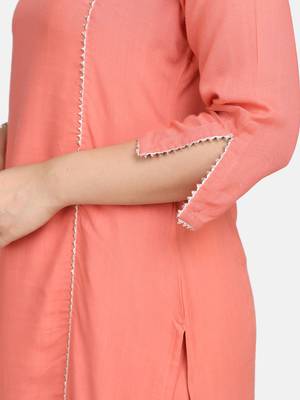 Coral  Embroidered Kurta With Palazzo And Dupatta 8