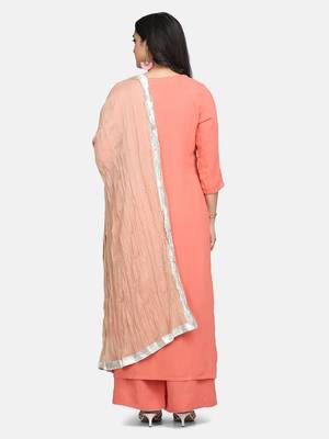 Coral  Embroidered Kurta With Palazzo And Dupatta 9