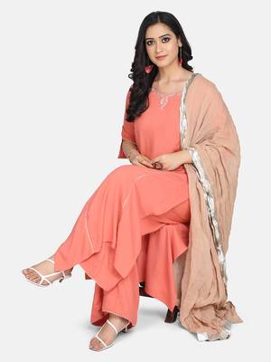 Coral  Embroidered Kurta With Palazzo And Dupatta 10