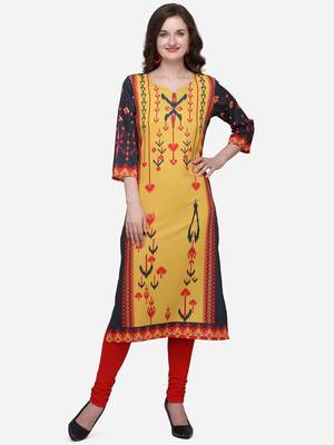Yellow printed crepe ethnic-kurtis 1
