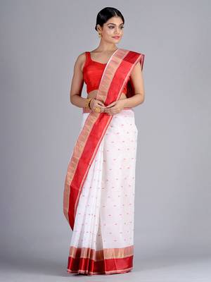 White & Red Pure Cotton Woven Design Taant Saree 2