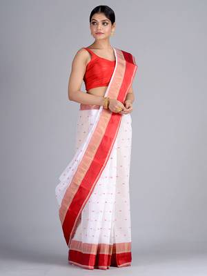White & Red Pure Cotton Woven Design Taant Saree 3