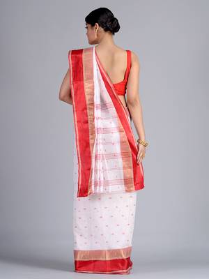 White & Red Pure Cotton Woven Design Taant Saree 6