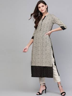 Beige printed cotton kurtis 5