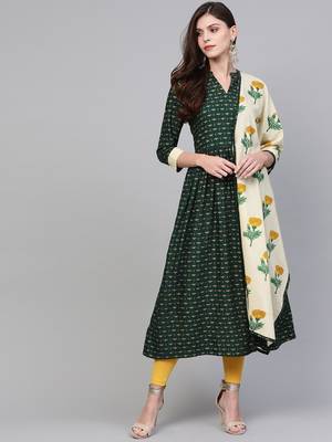 Green printed rayon kurta with dupatta 1