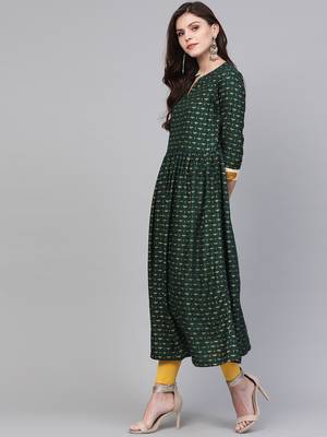 Green printed rayon kurta with dupatta 2