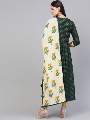 Green printed rayon kurta with dupatta 3