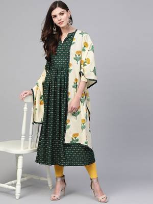 Green printed rayon kurta with dupatta 5