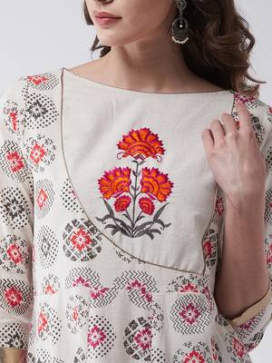 Beige printed cotton kurtis 4