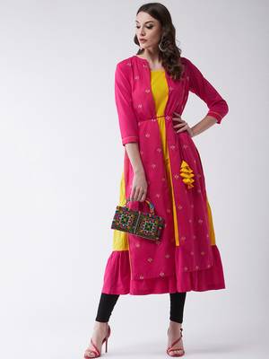 Yellow printed rayon kurtis 1