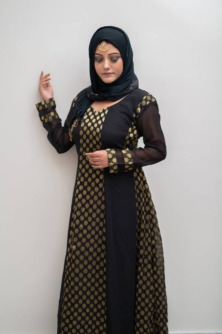 Black Gold Georgette Banarsi Floor Length Kurti