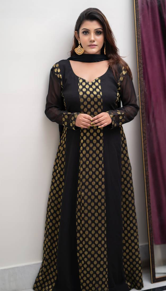 Black Gold Georgette Banarsi Floor Length Kurti