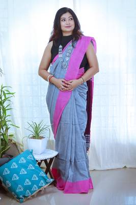 Grey Melange Plain Work Khadi Cotton Handloom Saree With Blouse 6
