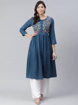 Blue plain rayon kurtas-and-kurtis 1