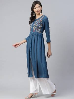 Blue plain rayon kurtas-and-kurtis 3