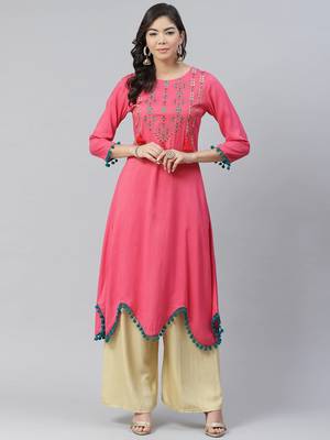 Women Pink & Green Ethnic  embroidered  with Pum-Pum Lace Design A-Line Kurta 1
