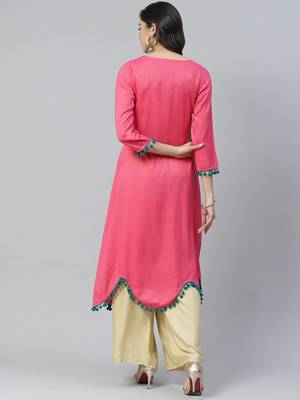 Women Pink & Green Ethnic  embroidered  with Pum-Pum Lace Design A-Line Kurta 2