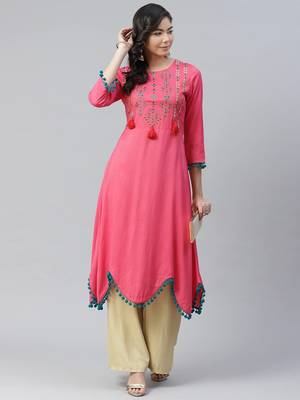 Women Pink & Green Ethnic  embroidered  with Pum-Pum Lace Design A-Line Kurta 3