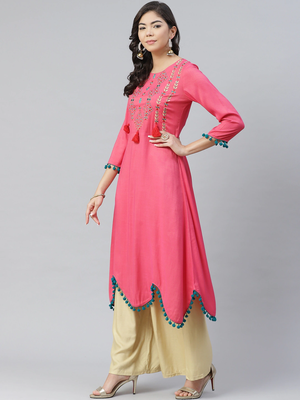Women Pink & Green Ethnic  embroidered  with Pum-Pum Lace Design A-Line Kurta 4