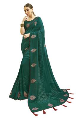 Teal printed chanderi silk saree with blouse 1