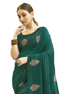 Teal printed chanderi silk saree with blouse 2