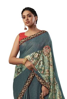Turquoise embroidered jute saree with blouse 2