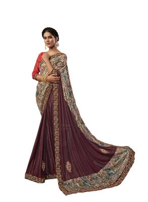 Maroon embroidered jute saree with blouse 1