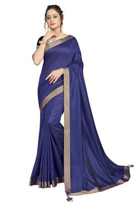 Navy blue plain chanderi silk saree with blouse 1