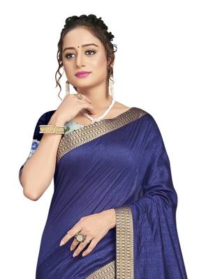 Navy blue plain chanderi silk saree with blouse 2