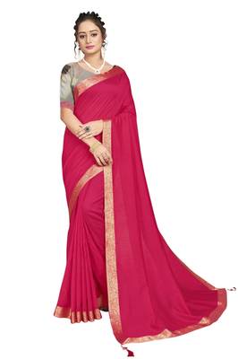 Pink plain chanderi silk saree with blouse 1