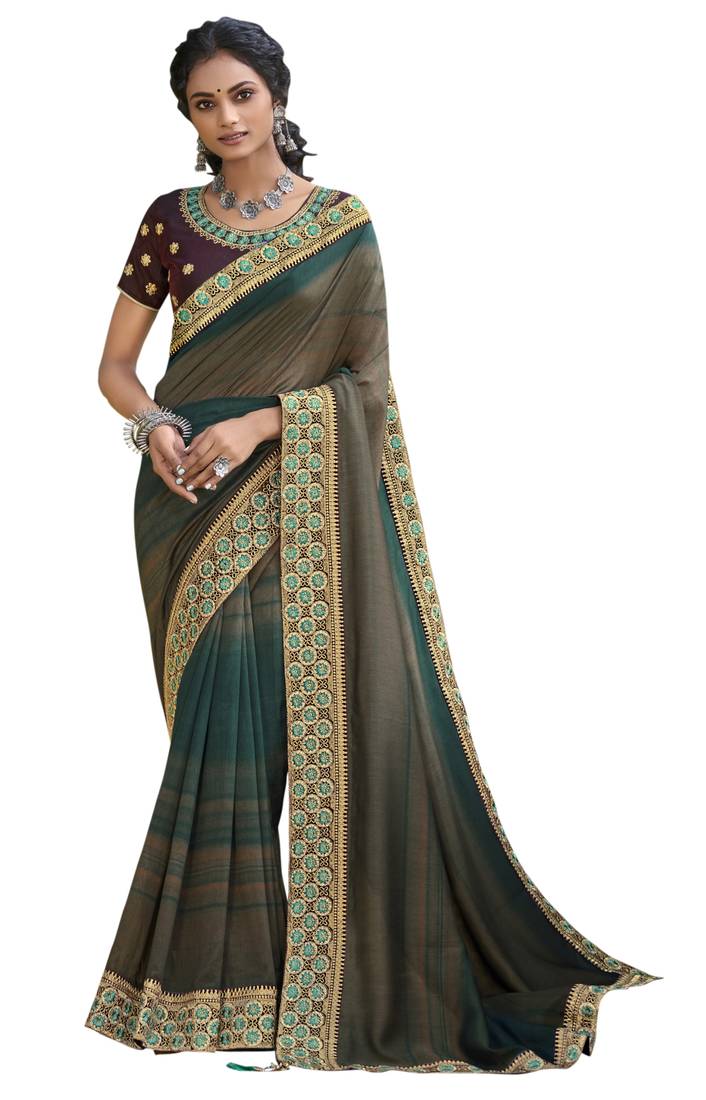Coffee embroidered chanderi silk saree with blouse